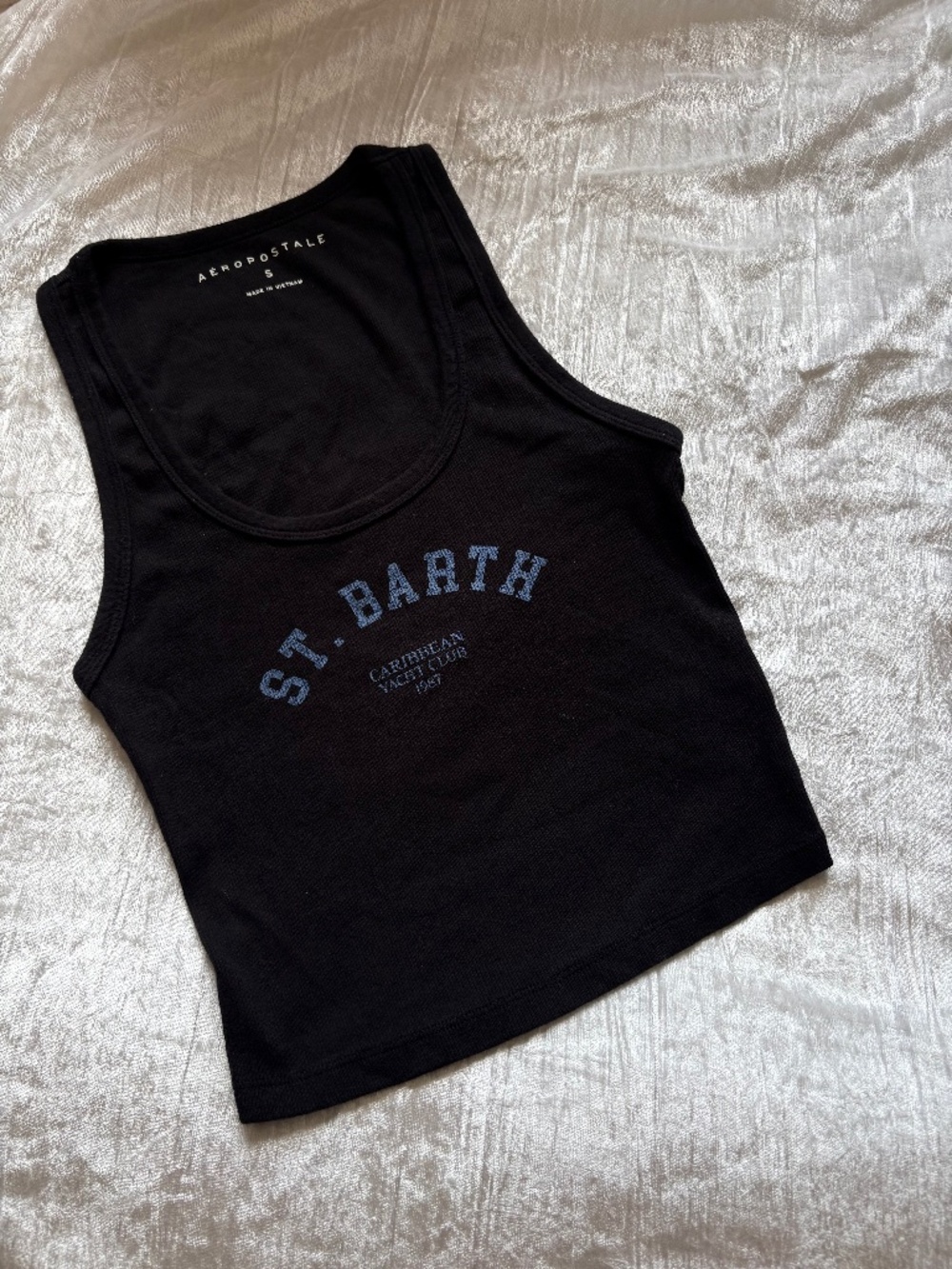 Aeropostale St. Barth Cropped Ribbed Graphic Tank Top Black S